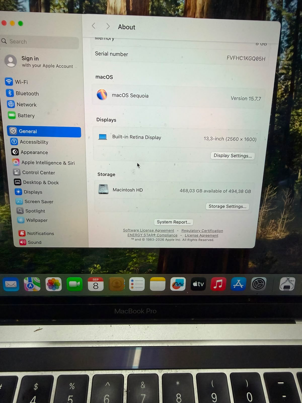 MacBook Pro About screen showing Apple M1 chip, 8 GB memory and 13.3-inch display