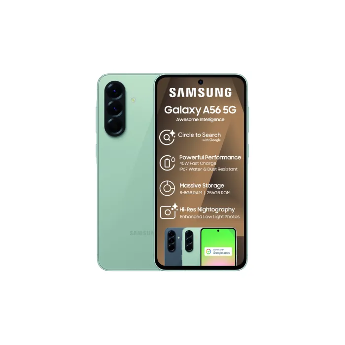 Samsung Galaxy A56 5G green smartphone front and back