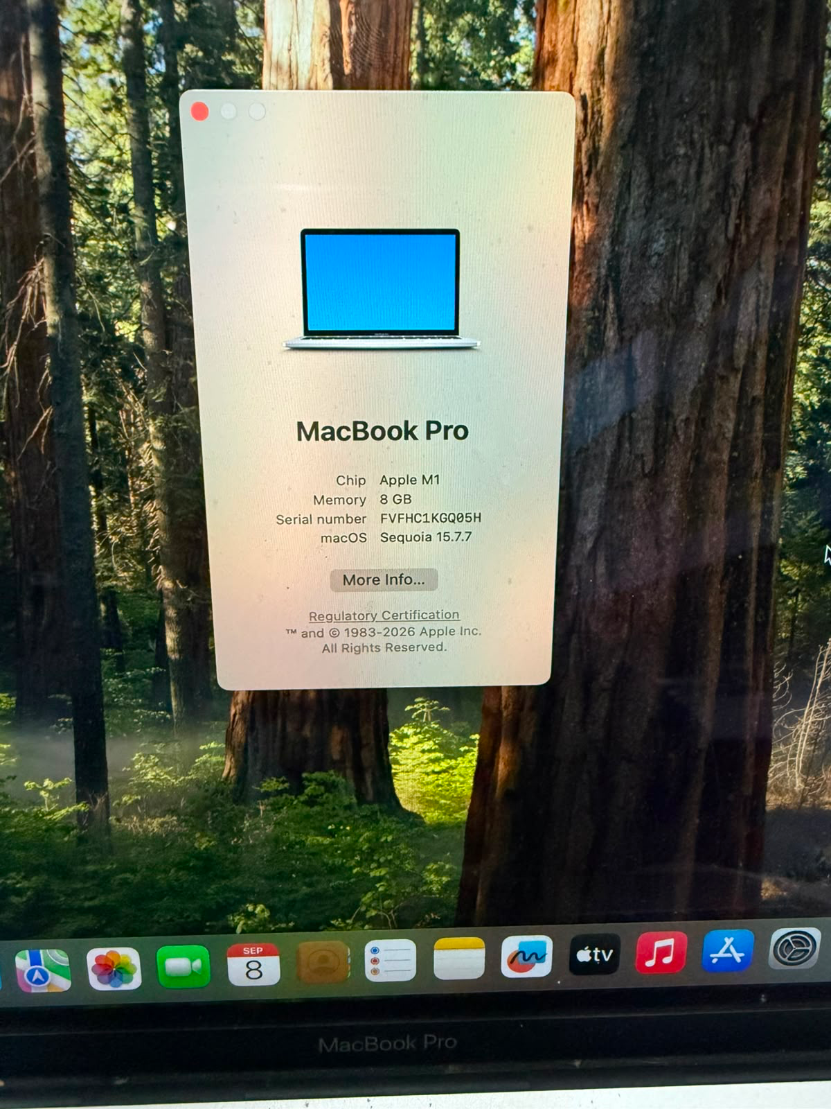 MacBook Pro About screen showing Apple M1 chip and 8 GB memory