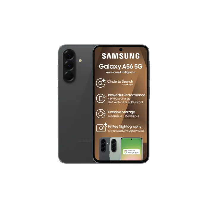 Samsung Galaxy A56 5G black smartphone front and back